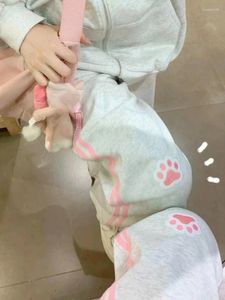 Kadın pantolonları houzhou harajuku kawaii pembe çizgili eşofmanlar kadın tarzı Japon tarzı tatlı sevimli kedi nakış pantolonları yumuşak gril y2k 2024