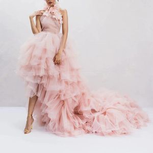 Skirts Charming Blush Pink High Low Women Skirt Extra Puffy Tulle Tiered Prom Party With Long Train Elastic Maxi NO TOP