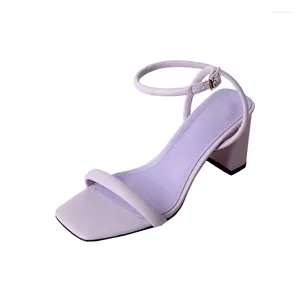 Sandaler Microfiber Ladies Block Heel Sandal Women Summer Yellow Purple Square Toe Peep Thin Sole Chunky T-strap