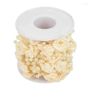 Decorative Flowers Quality 10M/Roll Rose Artificial Pearl Wire Beads Garland String DIY Wedding Bead Rope Decoration(Beige)