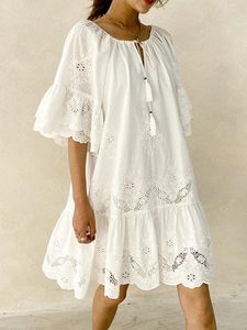 Party Dresses White Mini Dress Women Boho Beach Ladies Summer Lace Hollow Out Female Loose Elegant Up Vestido Mujer