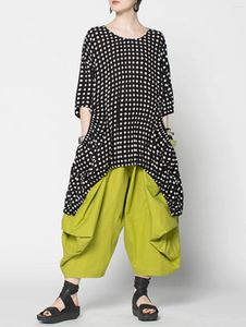 여자 T 셔츠 캐주얼 폴카 도트 프린트 포켓 반 소매 샤크 라이트 헴 셔츠 패션 평범한 느슨한 비대칭 작물 바지