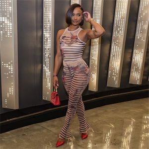 2024 Designer tracksuits Sexy Sleeveless Bodysuits Leggings Mesh Two 2 Piece Sets Women Spring Summer Sheer Printing Outfits See Through Wholesale Clothing 10663