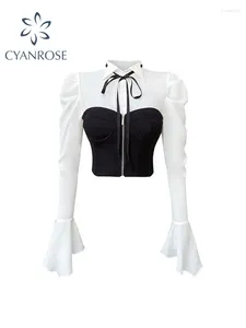 Camicette da donna Chic Camicia di chiffon nera Top a maniche lunghe Moda Sexy Corsetto sottoseno Donna Bustier Tube Patchwork Fishbone Crop 2024