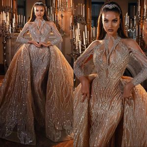 Luxury Sequins Mermaid Bridal Gowns High Neck Wedding Dress with Overskirts Long Sleeve Custom Made Bride Dresses Vestido de novia