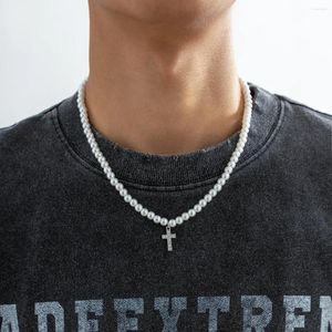 Colares pingentes imitação de pérolas corrente com strass brilhante cruz pingentes colar homens na moda branco frisado gargantilha no pescoço 2024 masculino