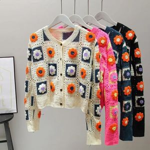 Outono feminino crochê cardigans multicolorido y2k vintage malha suéteres manga comprida casacos soltos suéteres quentes 3 cores 240202