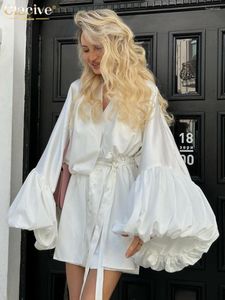 Casual Dresses ClaceVe White Satin Womens 2024 Fashion Loose V-Neck Puff Sleeve Mini Dress Elegant Classic Lace-Up Female