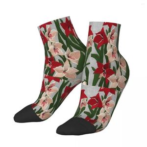 Herrensocken, rote und weiße Amaryllis-Stickerei, Blumen, Knöchel, Herren, Damen, Winterstrümpfe, Polyester