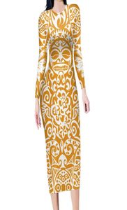 カジュアルドレスHycool Samoan Polynesian Tribal Sun Tattoos Print Yellow Dress Custom Custom Logo Long Elegant BodyCon Party9393544