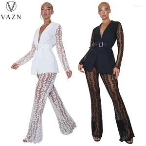 Kvinnors tvåstycksbyxor Vazn 2024 Business Office Style V-ringad Lady Hole Out Lace Up Sexy 2 Set Loose Women Top and Pant Summer