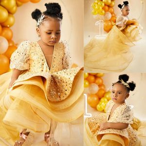 Shine Gold Little Kids Birthday Party Dresses with Detachable Train Flower Girl Dresses Illusion SHort Sleeves Sequined Lace Tiered Tulle Ball Gowns NF076