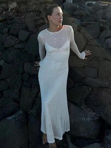 Casual Kleider Sexy Gestrickte Strand Kleid Frauen Aushöhlen Oansatz Langarm Weibliche 2024 Sommer Durchsichtig Dame Weiß Urlaub Vestidos