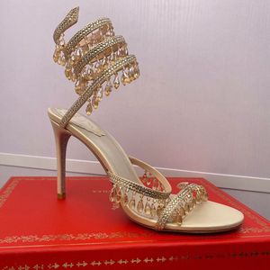 Pendant Gorgeous Sandals Rene Caovilla Luxury Designer Crystal Light Wrapped Foot Ring Stiletto Wedding Shoes Rhinestone 9cm High Heeled Gladiator Sandal 35-43