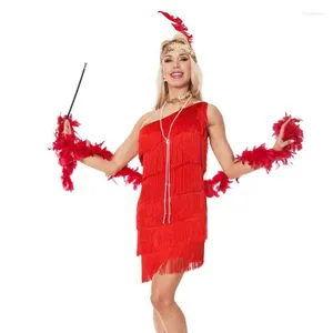 Abiti casual Anni '20 Flapper Charleston Costume in maschera Rosso con una spalla e frange Gatsby Sexy Orlo alto e basso Festa di Halloween