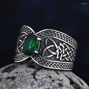 Cluster Rings Fashion 316L Stainless Steel Nose Viking Celtic Knot Ring With Green Zircon Odin Amulet Scandinavian Jewelry For Couple Gift