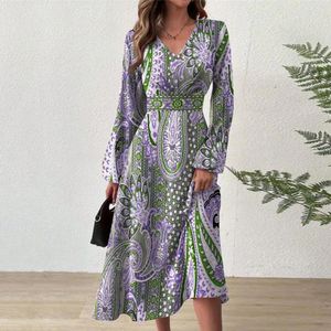 Casual Dresses Slimming Waist Dress Long Sleeve Retro Ethnic Style Print Women's Midi With V Neck A-line Silhouette For A