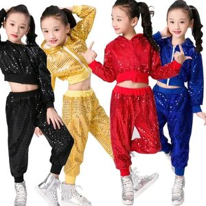 Scene Wear Children paljetter jazzdans modern cheerleading hip hop dräkt för barn pojke flickor skörd topp och byxa prestanda kläder kläder