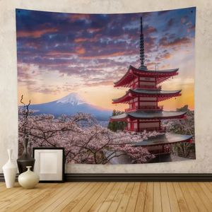 Sakura Tapestry Pink Japanese Cherry Blossoms Tapestries Spring Sunset Landscape Wall Hanging for Bedroom Living Room 240127