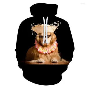 Felpe con cappuccio da uomo unisex divertente cane dai capelli dorati con cappello di paglia e ghirlanda stampati in 3D uomini / donne maglione grafico carino animale streetwear