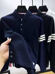 Polos masculinos marca de qualidade luxo camisa polo primavera outono algodão lapela listrado impresso manga longa coreano negócios casual camiseta