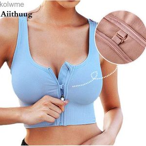 Bras Aiithuug Zipper Hook Yoga Bra Bounce Control Gym Bra Workout Bras Fitness Running Top Elastic Spandex Soft Bras Crop Tops Active YQ240203