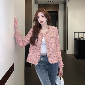 Outono inverno vintage rosa tweed tecer jaqueta casaco feminino pequena fragrância coreano borla casacos de lã elegante outerwear 240124