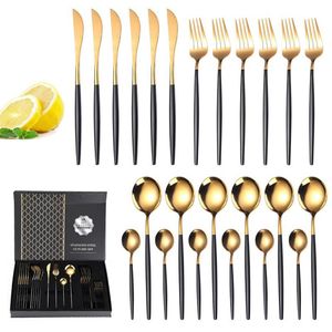 Fint gyllene bestick set 24 st rostfritt stål portugal designer servis uppsättningar plattvarig middag biff lnife matsal gaffel soppa spoo279j