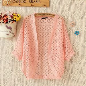 Malhas femininas verão crochê oco fino cardigan exterior usar bat malha manga curta midi camisa de malha