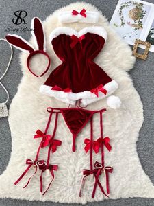 Bras Sets SINGREINY Cosplay Rabbit Maid Sexy Nightwear Halter Splice Fur Bow Lingerie Combination Christmas Erotic Porno Underwear