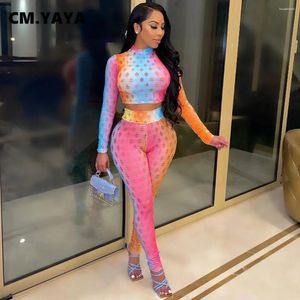 Calças femininas de duas peças cm.yaya mulheres conjunto oco para fora impressão completa manga o-pescoço magro colheita tops lápis magro 2 conjuntos outfit outono tracksuits