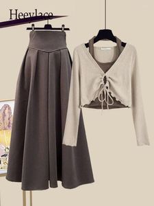 Vestidos de trabalho femininos primavera manga longa bandagem vintage camiseta cintura alta a linha saias plissadas conjuntos para coreano casual duas peças