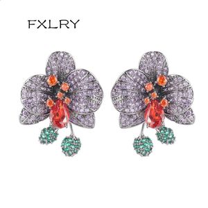 FXLRY Fashion AAA Cubic Zirconia Yellow/ Purple Flower Stud Earring For Women Wedding Jewelry 240123