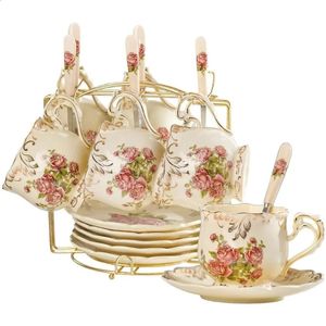 Ivory Pink Ceramic Cups and Saucers Set 8 OZ of 6 Vintage Floral Porcelain Tea Fancy Coffee with Golden Rack 240130