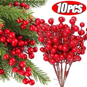 Decorative Flowers Artificial Christmas Red Berries Stems Wreath Xmas Tree Ornament Holly Berry Branch Decoration DIY Crafts Home Party