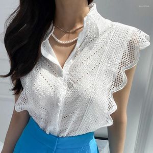 Kvinnors blusar ärmlös Summer Lace Blue Women Korean Fashion White Top 2024 Elegant Ruffled fjäril Lady Lose Casual Hollow Shirt