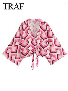 Damenblusen ONKOGENE Mode Sommerdruck beschnitten rosa Knoten übergroße weite Ärmelhemden und für Frauen Crop Top weiblich