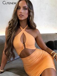 Vestidos casuais bonito sexy oco out magro halter mini vestido mulheres roupas verão magro dobras streetwear sólido backless senhora