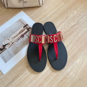 Brand Mo Schino Metal Flip Flops Girl Casual Shoe Sliders Travel Man Summer Mens Designer Slippers Thong Sandal Beach Sexy Slide Gift Pool Womens Flat Mule