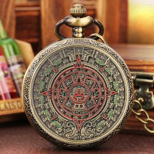 Pocket Watches Mayan Aztec Calendar Art Prophecy Culture Relief Pattern Bronze Quartz Watch Halsband Fob Chain Vintage Stylish Clock