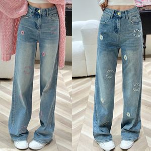 New Womens Jeans Pants Classic Embroidery Letter Casual Fashion Mopping Pants Blue Long Jeans Four Season Clothes Top Quality SML