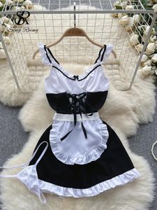 Arbetsklänningar Singreiny 2024 Maid Uniform Sexiga Nightsuits Hollow Out Backless Ruffles Lace Up Bow Mini Dress Thongs Cosplay Erotic Porn Suits