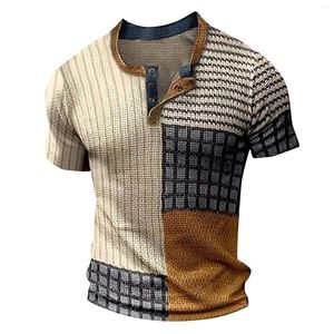 Herren-T-Shirts, Farbblock-Patchwork-Grafik, 3D-Druck, Henley, Vintage-Mode, übergroß, kurzärmelig, Herren-T-Shirts, Tops, Kleidung