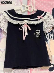 Mulheres camisetas Japonês Y2K Lace T-shirt Mulheres Kawaii Cartoon Bordado Gráfico Harajuku Moda Casual Bow Tops Cute Tees Camisetas