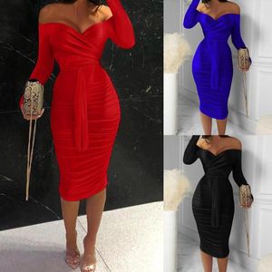 Casual Dresses Sexy For Women Elegant Long Sleeve Bodycon Dress Autumn Off Shoulder Lace Up Red Party Clubwear