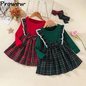 Vestidos de menina prowow 4-7y meninas natal para crianças manga longa bowknot xadrez vestido roupas de ano infantil