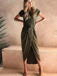 Party Dresses Fitshinling Fashion In Summer Midi Dress Women Split Wrap Robe Short Sleeve Slim Solid Casual Vestidos With Belt Femme 2024