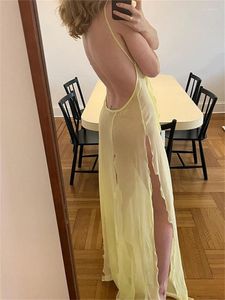 Lässige Kleider CHRONSTYLE Sexy Mesh Durchsichtiges Langes Kleid Fairycore Frau Rüschen Split Y2K Rückenfreies Sommerkleid Frauen Strand Boho Cover-Ups