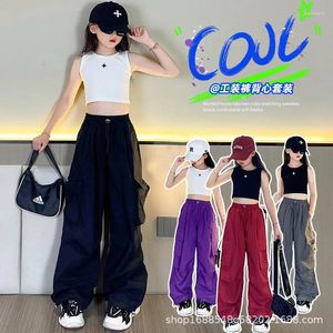 Hosen Hip Hop Mädchen Jogger Hosen Kinder Cargo Teenager Gerade Hohe Taille Vintage Casual Streetwear Baggy 4-14Y