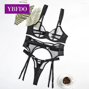 Bras Sets YBFDO Sexy Lingerie Women's Underwear Transparent Lace Bra Kit Push Up Set Woman 3 Pieces Garters Exotic
